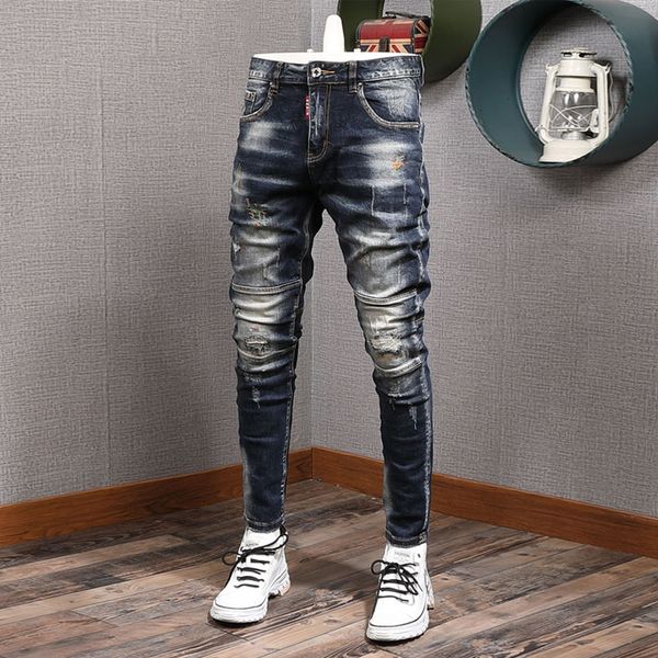 

men's jeans fashion streetwear retro black blue elastic slim fit ripped spliced designer embroidery hip hop denim pants 230309
