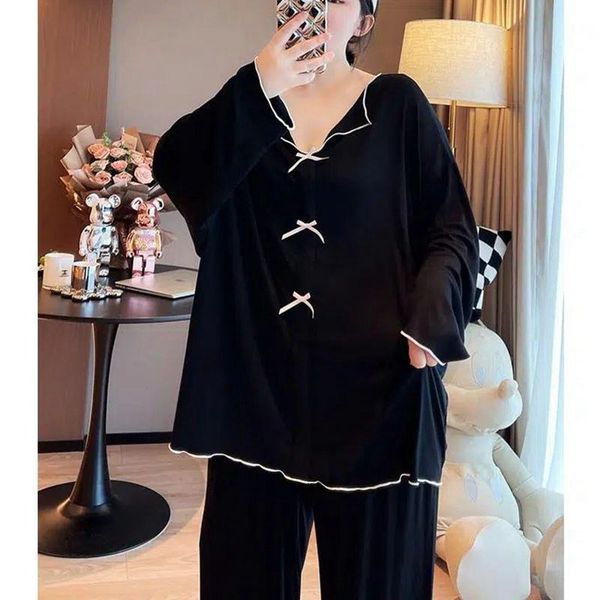 

women's sleepwear large size 6xl 150kg autumn women 2pcs pajama sets pyjama sleepwear long sleeve large size full sleepwear clothess sl, Black;red