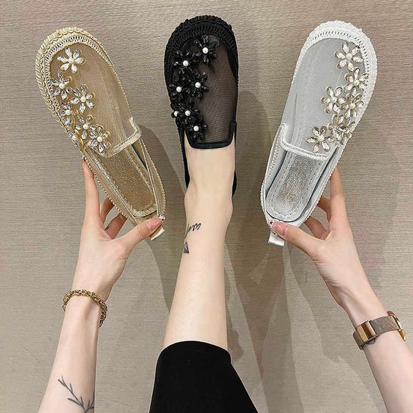 

dress shoes 2022 new lace mesh crystal floral shoes women comfort breathable summer walking shoes woman fashion slipon ballet flats, Black