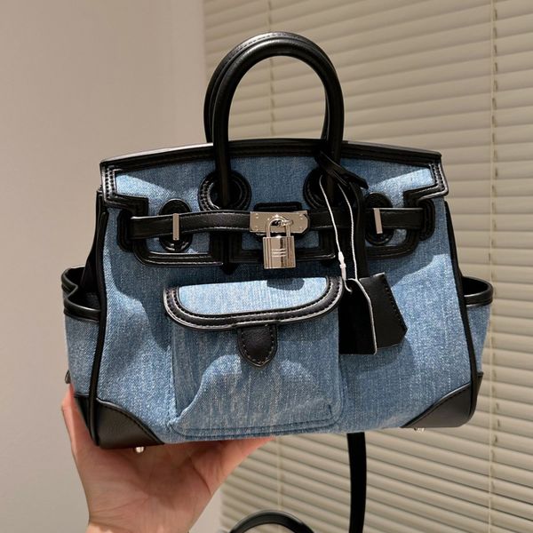 

denim shoulder bags women handbags fashion denim leather patchwork crossbody purse silver hardware large capacity tote bags classic lock cat