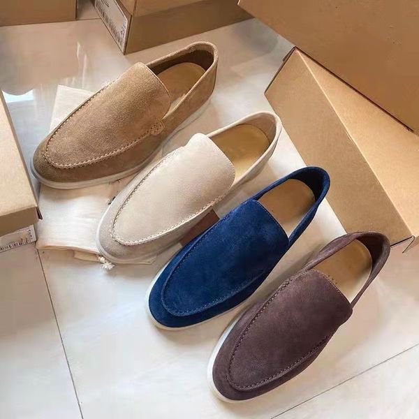 

luxury designer loro suede casual walking shoes charms embellished walk loafers couple genuine mens leather slip on flats for men sports dre, Black