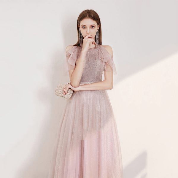 

shiny pink evening dresses halter a line lace up off the shoulder tulle backless beading sequined elegant party prom gowns woman 2023, Black;red
