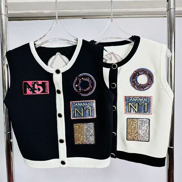

2023 fashion women's embroidery single breasted sweaters fashion letter sequin knit cardigans women o-neck sleeveless design, White;black