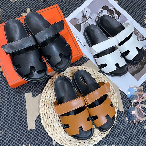 

2023 designer slippers sandals leather black white khaki women summer flats