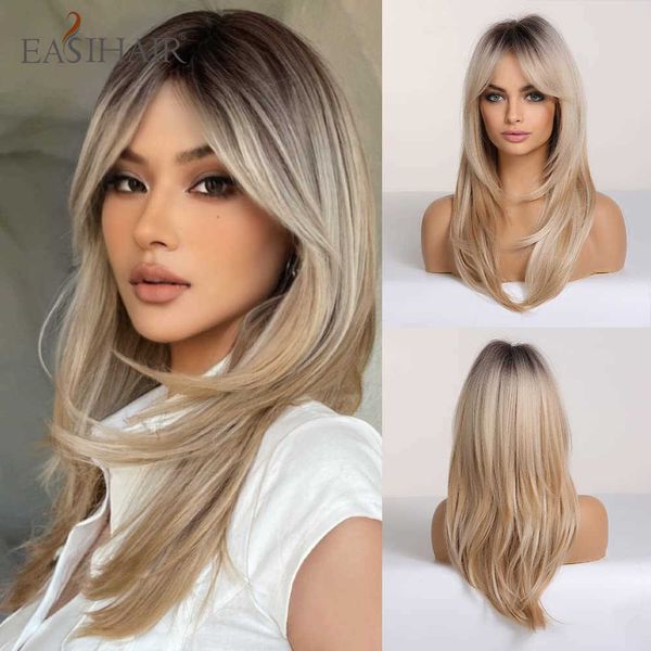 

synthetic wigs easihair brown to blonde ombre synthetic wigs long wavy layered with bangs for women cosplay natural hair heat resistant 2302, Black