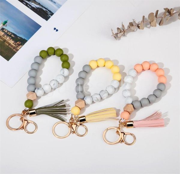 

party favor 9 colors wooden tassel bead string bracelet keychain food grade silicone beads bracelets women girl keyring wrist strap df086, Silver