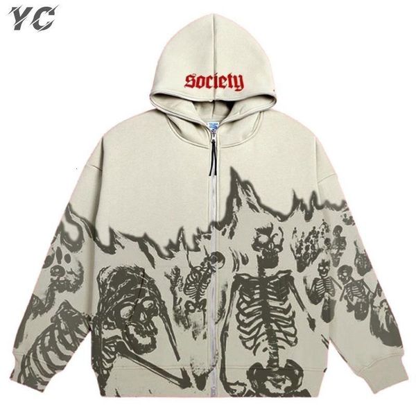 

men's hoodies sweatshirts retro anime skull print hoodie gothic y2k zip up long sleeve coat pullovers streetwear harajuku hooded 230309, Black