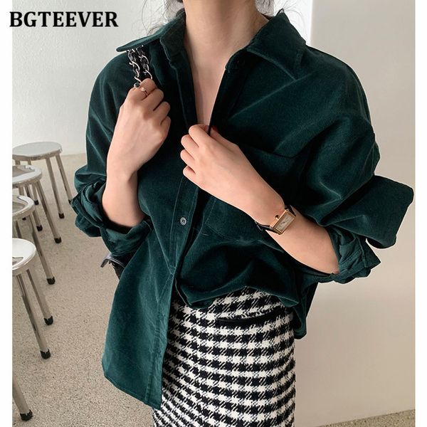 

women's blouses shirts bgteever vintage thick ladies turn-down collar corduroy shirts long sleeve pocket female blouses women elegant, White