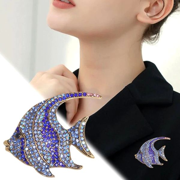 

new rhinestone enamel fish brooches for women metal pins large cute animal badge party coat jewelry fashion accessories, Gray