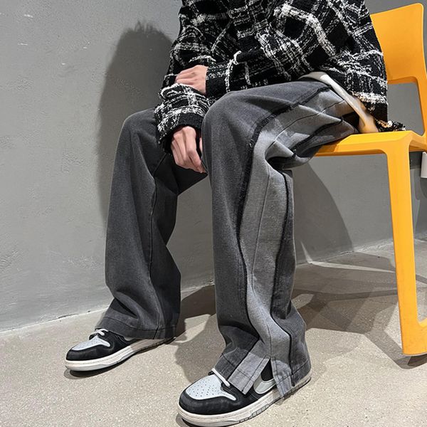 

men's jeans privathinker raw edge wide leg pants fashion brand elastic waist hip hop male patchwork trouser harajuku casual streetwear, Blue
