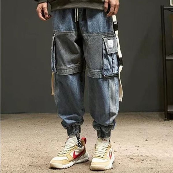 

men's jeans deeptown techwear cargo pants japanese patchwork fashion oversize loose casual streetwear hip hop trousers male 230309, Blue