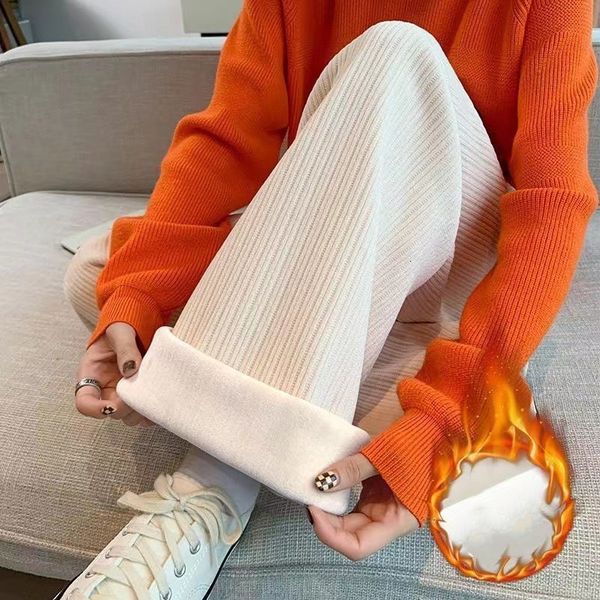 

women's pants capris winter thick warm velvet pants women casual high waist corduroy wide leg pants korean loose long pants straight tr, Black;white