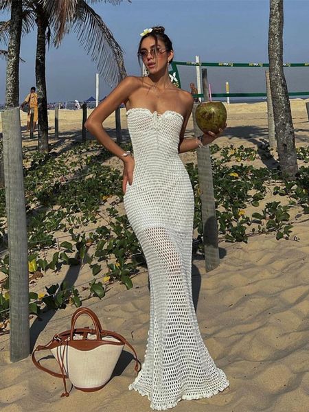 

skirts y2k strapless knit dres sleeveless fishnet hollow out bodycon long summer beach bohemian es female 230308, Black