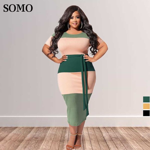 

plus size dresses sumemr skinny long dress women with sashes fashion patchwork ribbed clothing wholesale dropshipping 230307, Black