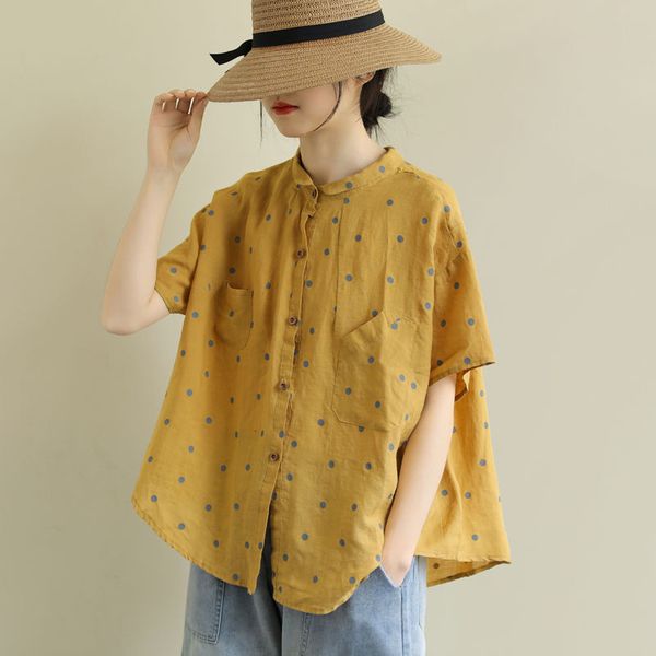 

women's blouses shirts summer arts style women short sleeve loose polka dot shirts all-matched casual turn-down collar vintage blouses, White