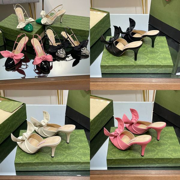 

2023 designer luxury bow heeled sandals g family womens 100% leather black/white/green/pink spliced color metal buckle shoe ladys strappy ba