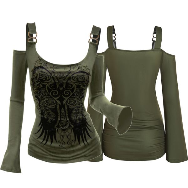 

women s t shirt deep green cold shoulder flower wings totem print ethnic tees ruched flare sleeve shirt streetwear casual blouse 230308, White