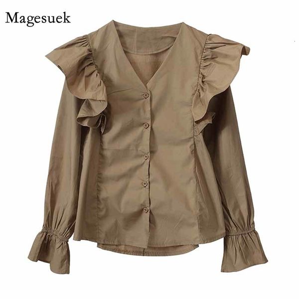 

women's blouses shirts women autumn flare sleeve solid white korean style splicing shirts ruffled v-neck cardigan fashion blouse 12293