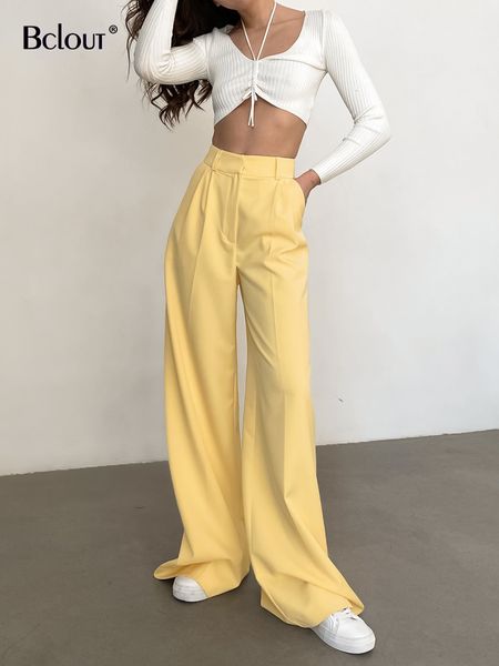 

women's pants capris bclout fashion yellow pants women elegant office lady high waist pleated long trousers elegant solid wide leg pant, Black;white