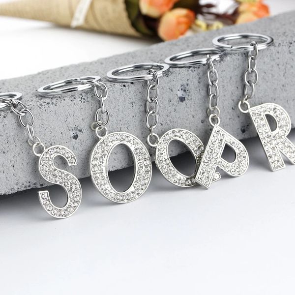 

26 english letters keyring a-z alphabet keychains car bag crystal rhinestones alloy name key chains rings jewelry fashion charm, Silver