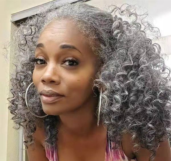 

silver gray kinky curly human hair ponytail salt and pepper ponytails for black women fashion grey pony tail hairpiece dye natural highlight