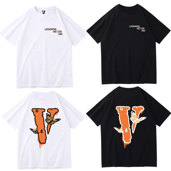 

mens t-shirts fashion brand vlones half sleeve big butterfly print loose short men's and women's hip hop t-shirt, White;black