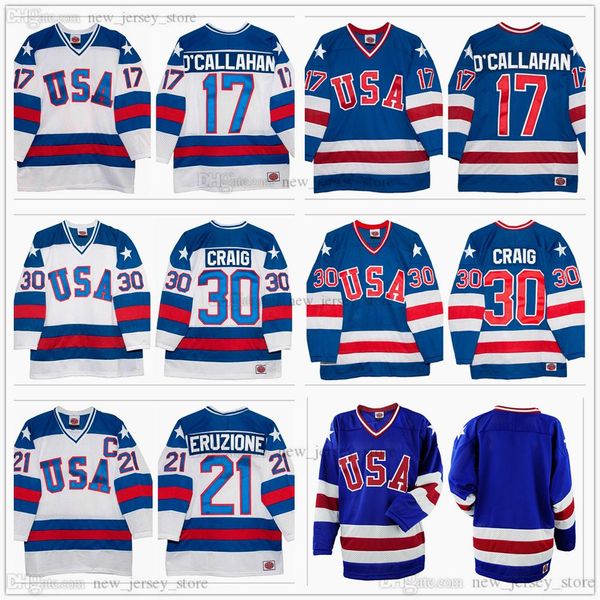 

custom 1980 miracle on ice team 21 mike eruzione hockey jersey pullover 30 jim craig 17 jack callahan blue white stitched mens blank no name, Black;red
