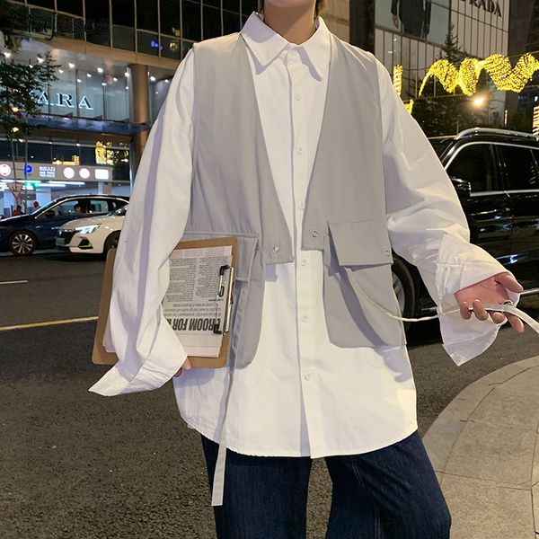 

men's vests men sleeveless waistcoats harajuku techwear hiphop big pockets vneck loose allmatch teenagers korean style jackets chic 230, Black;white