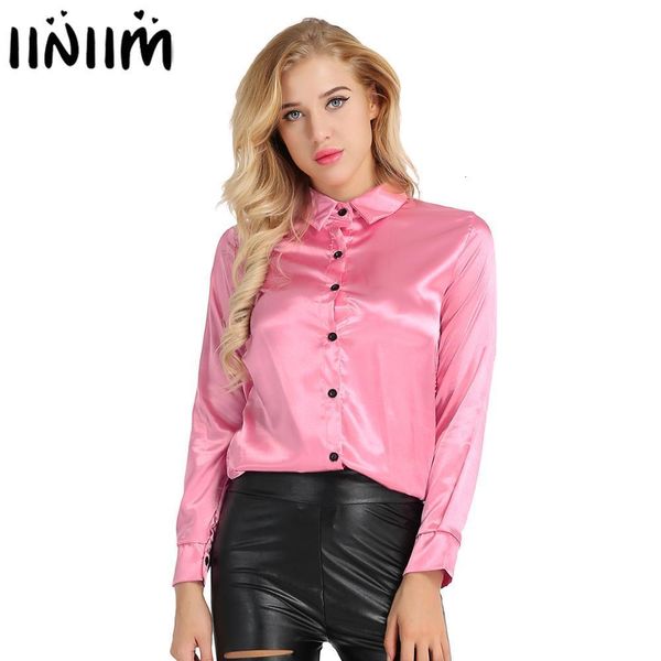 

women's blouses shirts iiniim women blouses fashion long sleeve blusas femininas turn-down collar button front satin shirt woman casual, White