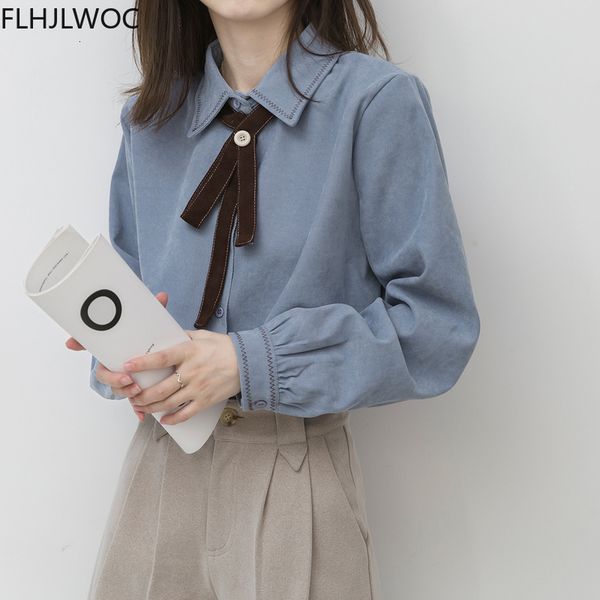 

women's blouses shirts spring women's chic cute bow tie preppy style vintage japaneses korea design button elegant formal shirts, White