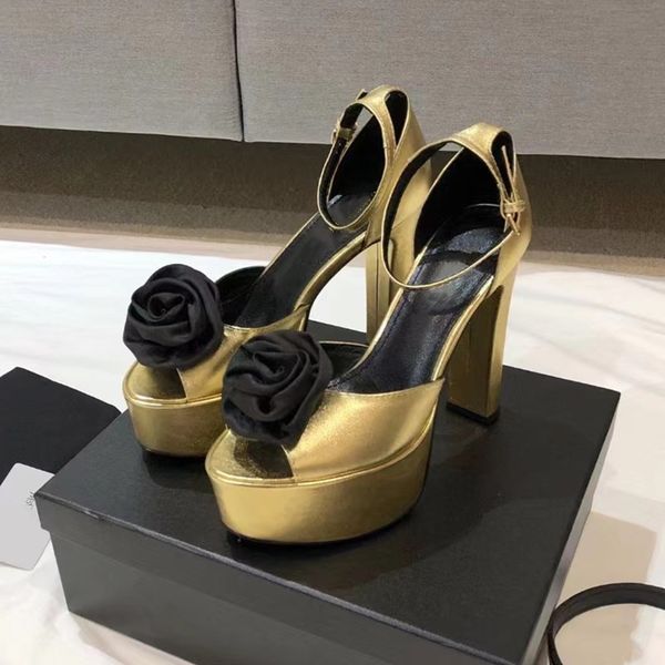 

latest rose flower sandals with interlocking embellished cross ankle strap horseshoe heels high double waterproof platform 13.5cm designer p, Black