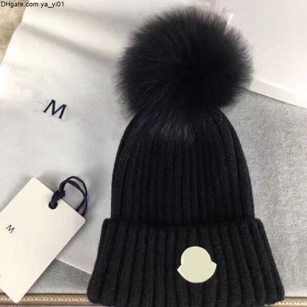 

winter knitted designer beanie woolen hat women chunky knit thick warm faux fur pom beanies hats female bonnet beanie caps 11 colors, Blue;gray