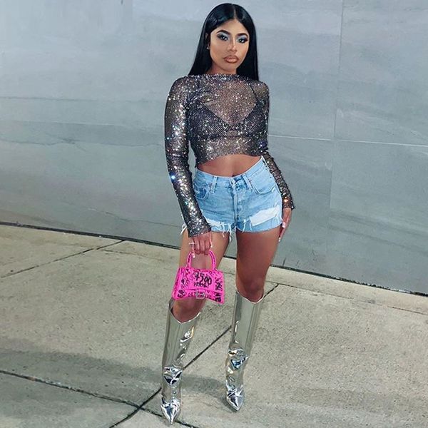 

women s t shirt shiny crystal full transparent mesh crop see through slim long sleeve woman shirts clubwear 230308, White