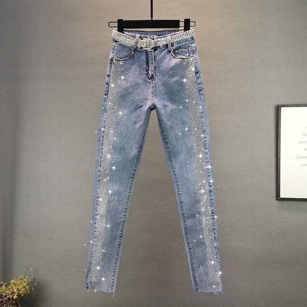 

women's jeans spring autumn streetwear women vintage blue slim diamonds high waisted anklelength denim pants trousers 5xl 230309