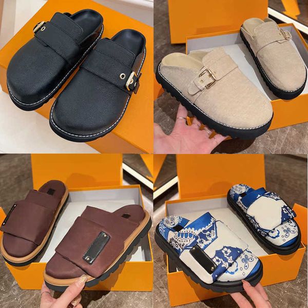 

2023 men easy slides cosy comfort mules womens luxury leather flat slippers platform sandals fashion summer flowers shoes 35-45 with box no4, Black