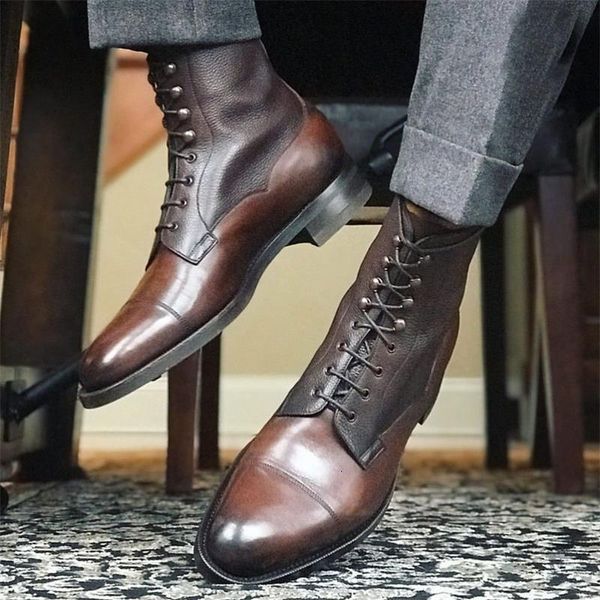 

boots men short brown pu round head low heel wing tip lace up fashion versatile casual street outdoor daily dress shoes 230309, Black