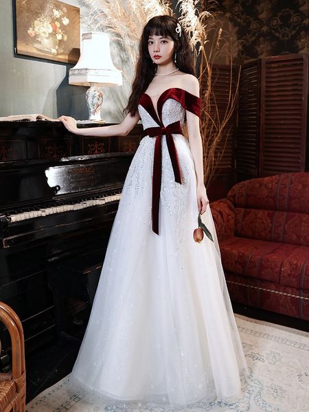 

boat neck evening dresses beading off shoulder bow sequin pearl pleat a-line empire elegant party formal prom gowns woman new, Black;red