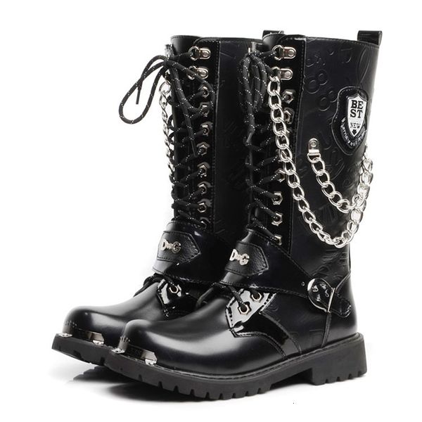 

boots motocycle size 37 men shoes army boot highmilitary combat metal chain male moto punk 230309, Black