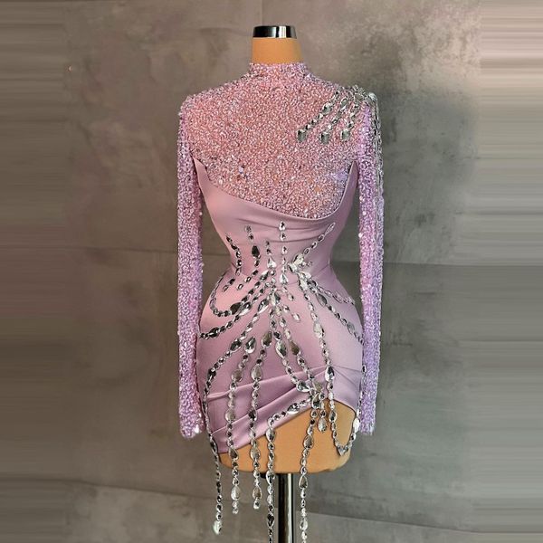 

luxury purple sequins beads homecoming cocktail dresses high neck long sleeves crystals sheath mini short prom evening gowns, Blue;pink