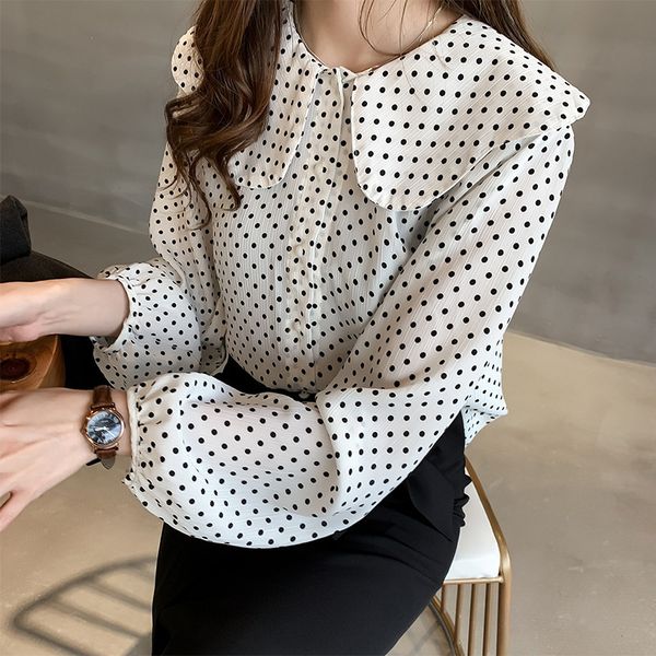 

women's blouses shirts women's shirt clothes female girl sweet temperament peter pan collar wave point chiffon female long sleeve, White