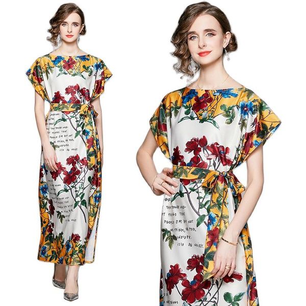 

long summer women floral casual dresses sash waist bow 2023 runway designer lady printed loose boho resort party dress slash neck beach spli, Black;gray