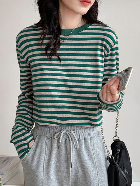 

women's tshirt korea cotton t shirt women autumn tshirt woman casual tee female green black striped long sleeve tshirt basic winter 230, White