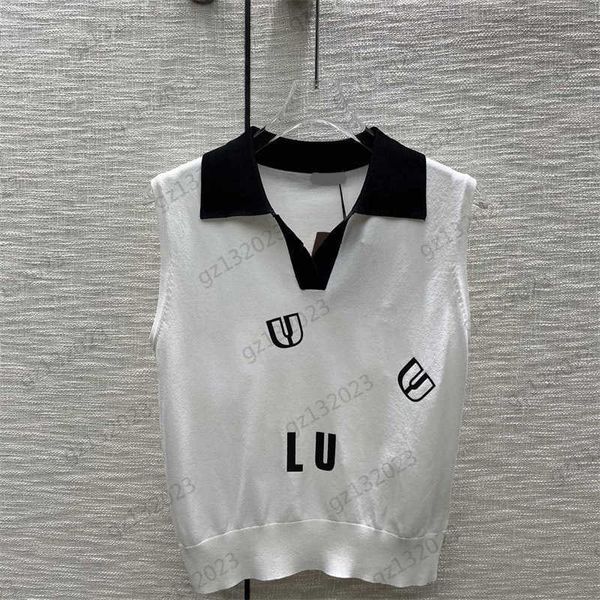 

brand tanks camis color contrast patchwork lapel design sleeveless vest front letters print spring summer style knitting womens apparel, White