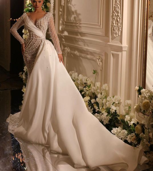 

luxury mermaid wedding dresses long sleeves v neck appliques sequins beaded floor length 3d lace pearls detachable train bridal gowns custom, White