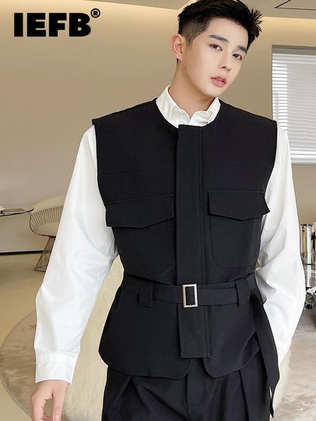 

men's vests iefb wear korean trendy girdle vest male 2023 autumn round collar sinel breasted sleeveless clothing with belt 9a0977 23030, Black;white