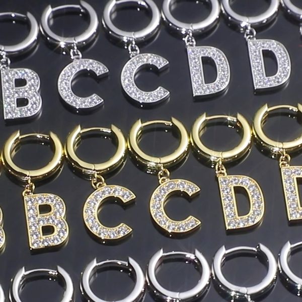

earrings jewerly a-z yellow white gold plated full bling cz letter earrings hoops studs for girls women nice gift, Golden;silver