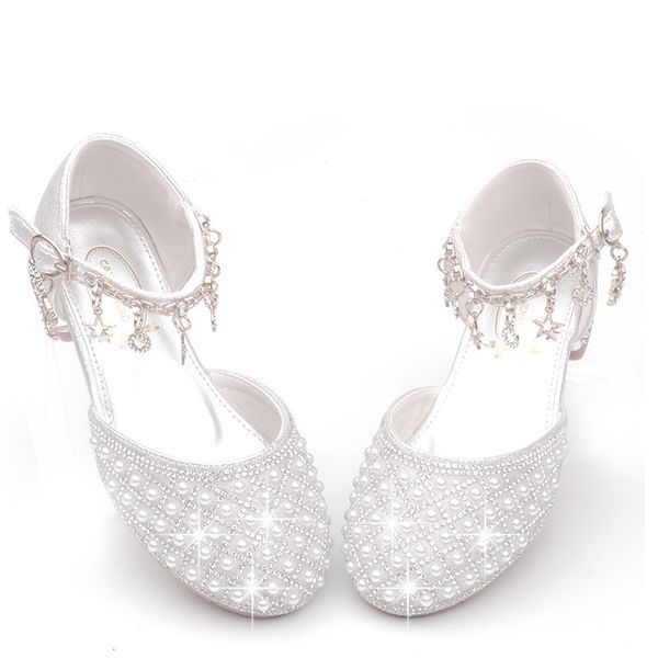 

first walkers girls high heel shoes for kids pearl teen crystal party princess child wedding formal leather sandals footwear 230309