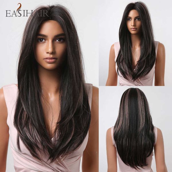 

synthetic wigs easihair long straight synthetic wigs black with highlight natural hair middle part for women heat resistant cosplay 230227