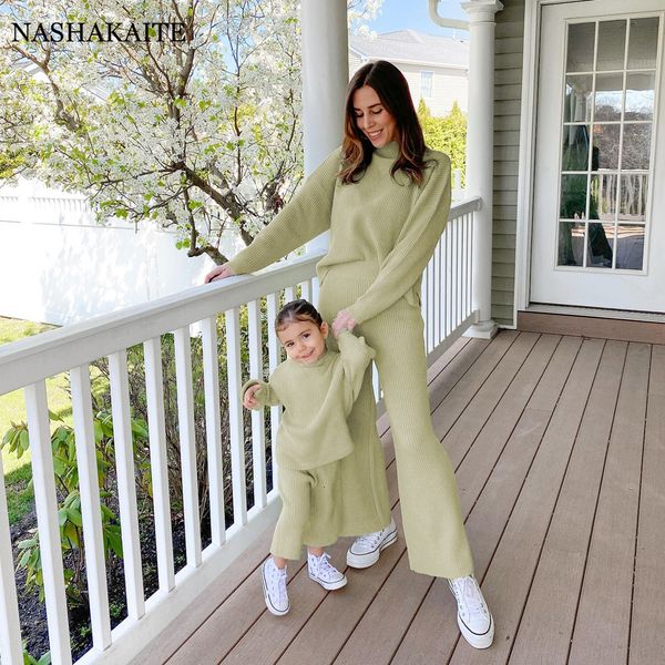 

family matching outfits mum and daughter clothes autumn winter striped long sleeves casual wide leg pants mommy me look 230310, Blue