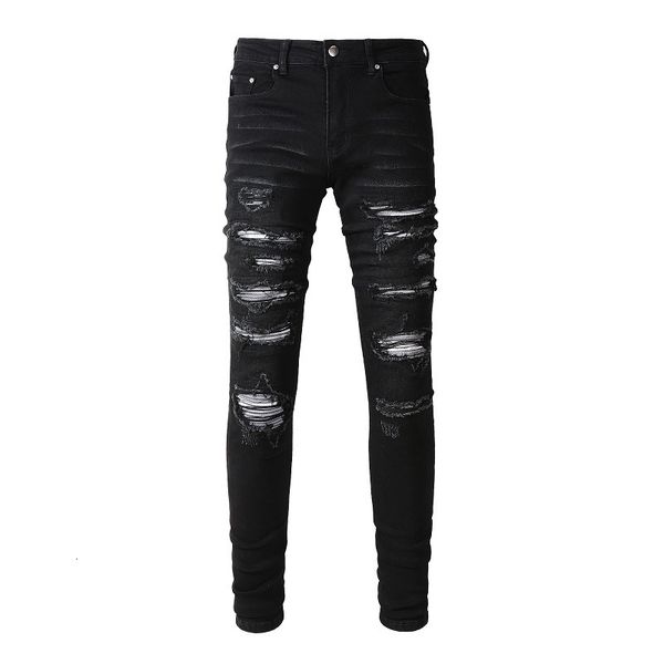 

men's jeans arrival mens streetwear ripped pants stretch distressed bandana patches dark washed for men 230309, Blue